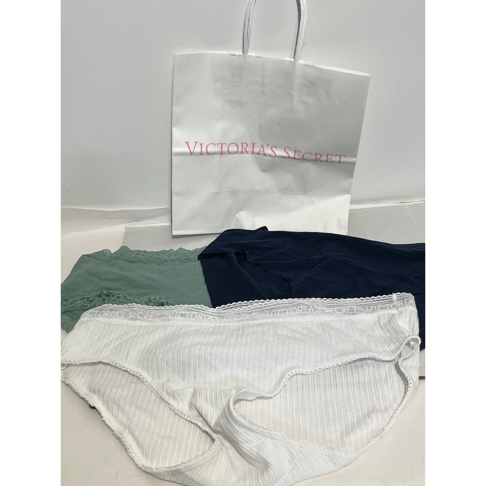 Victorias Secret Panties Lot 3 XL White Ribbed Sage Lace Navy Seamless New‎